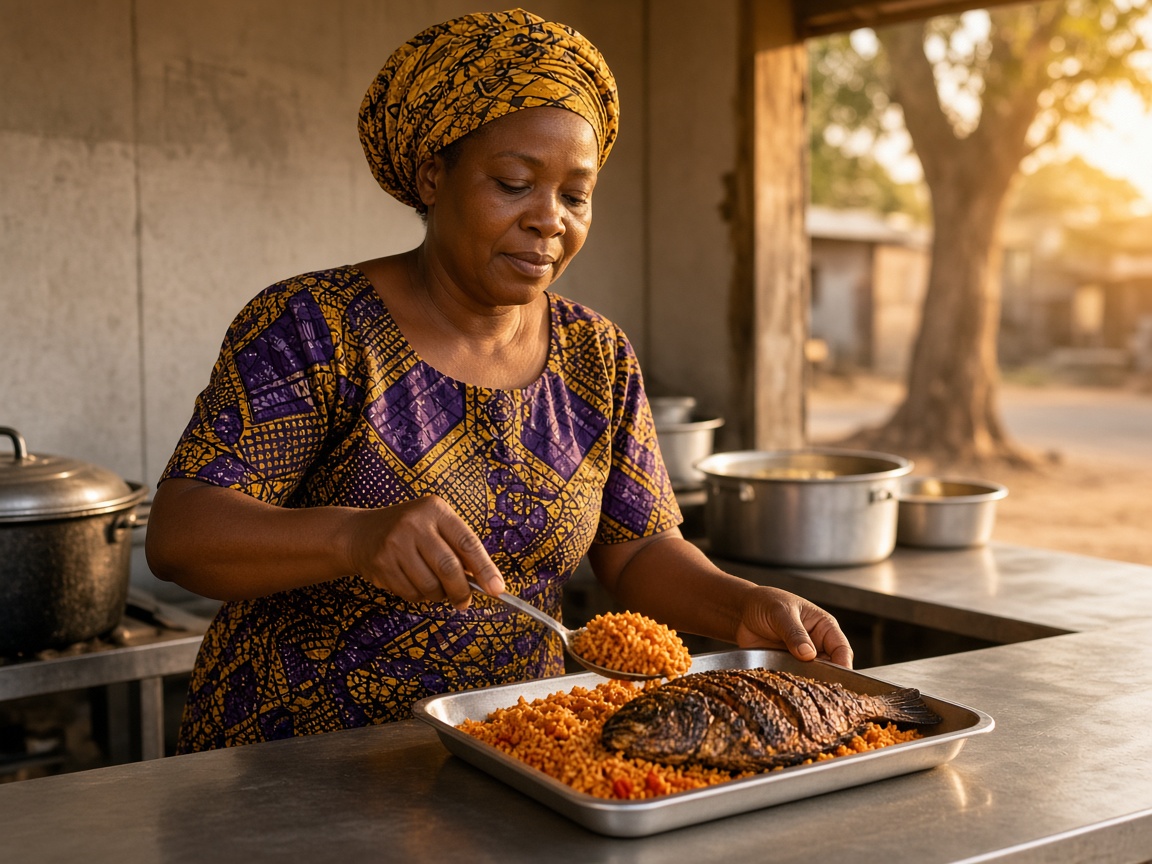 A cook plating jollof rice and grilled fish at a Nigerian roadside kitchen