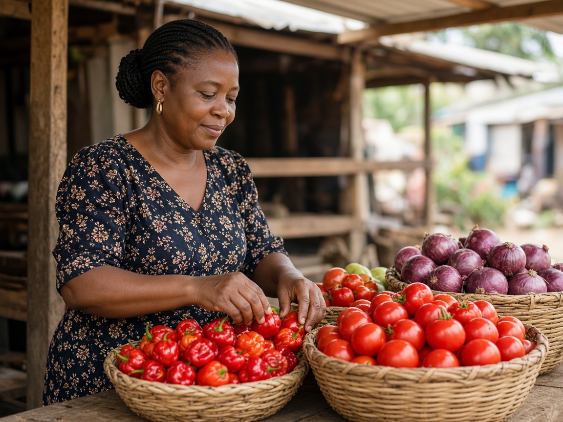 A trader arranging peppers, tomatoes, and onions at a Nigerian market stall