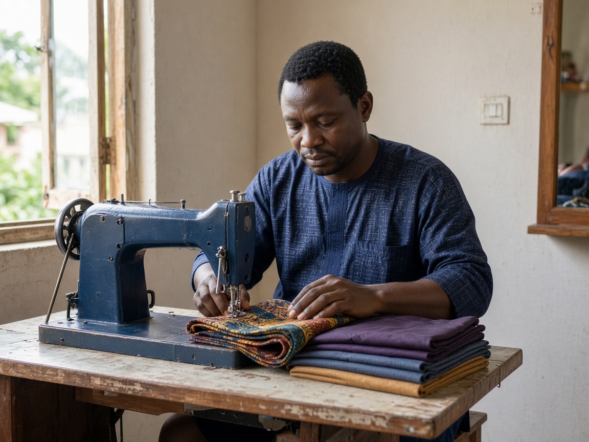 A tailor sewing patterned cloth in a small Nigerian shop